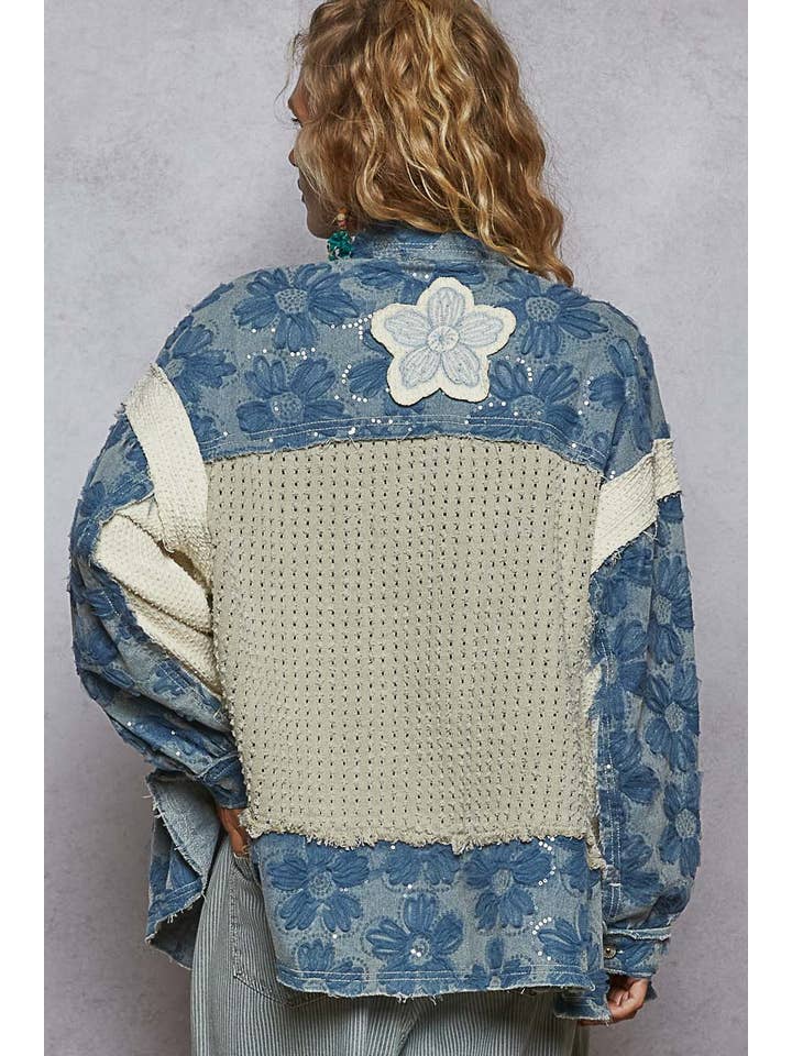 Pol Clothing - Wholesale Denim Jacket - Women's - Vintage washed floral embroidered patches jacket