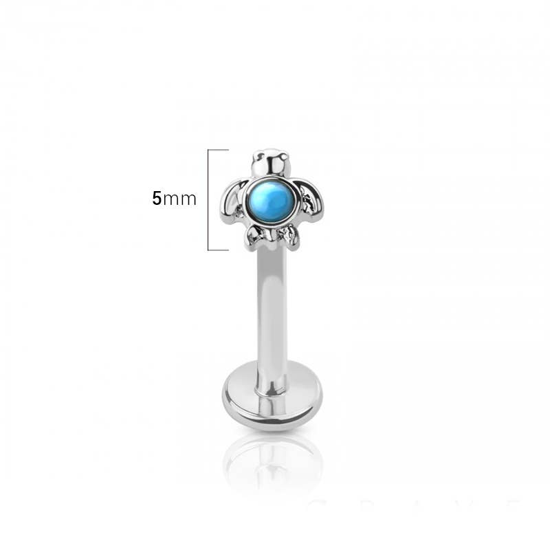 CRAVE - Wholesale Stud/Post Earrings - INTERNALLY THREADED TURQUOISE SEA TURTLE TOP 316L SS LABRET1