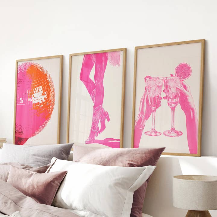 Funky Preppy Pink Wall Art. Set of 3 Girl Power Posters for Apartment or Dorm for wholesale by PrintSets.com