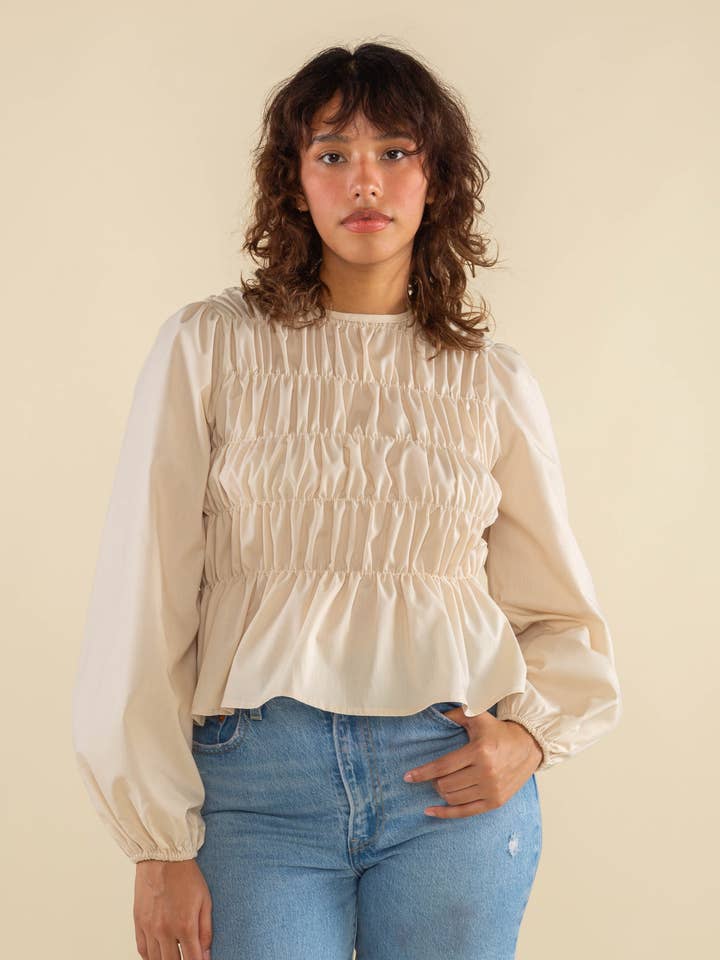 Marisol Bubble Sleeve Shirred Peplum Top - Plus Size for wholesale by NLT