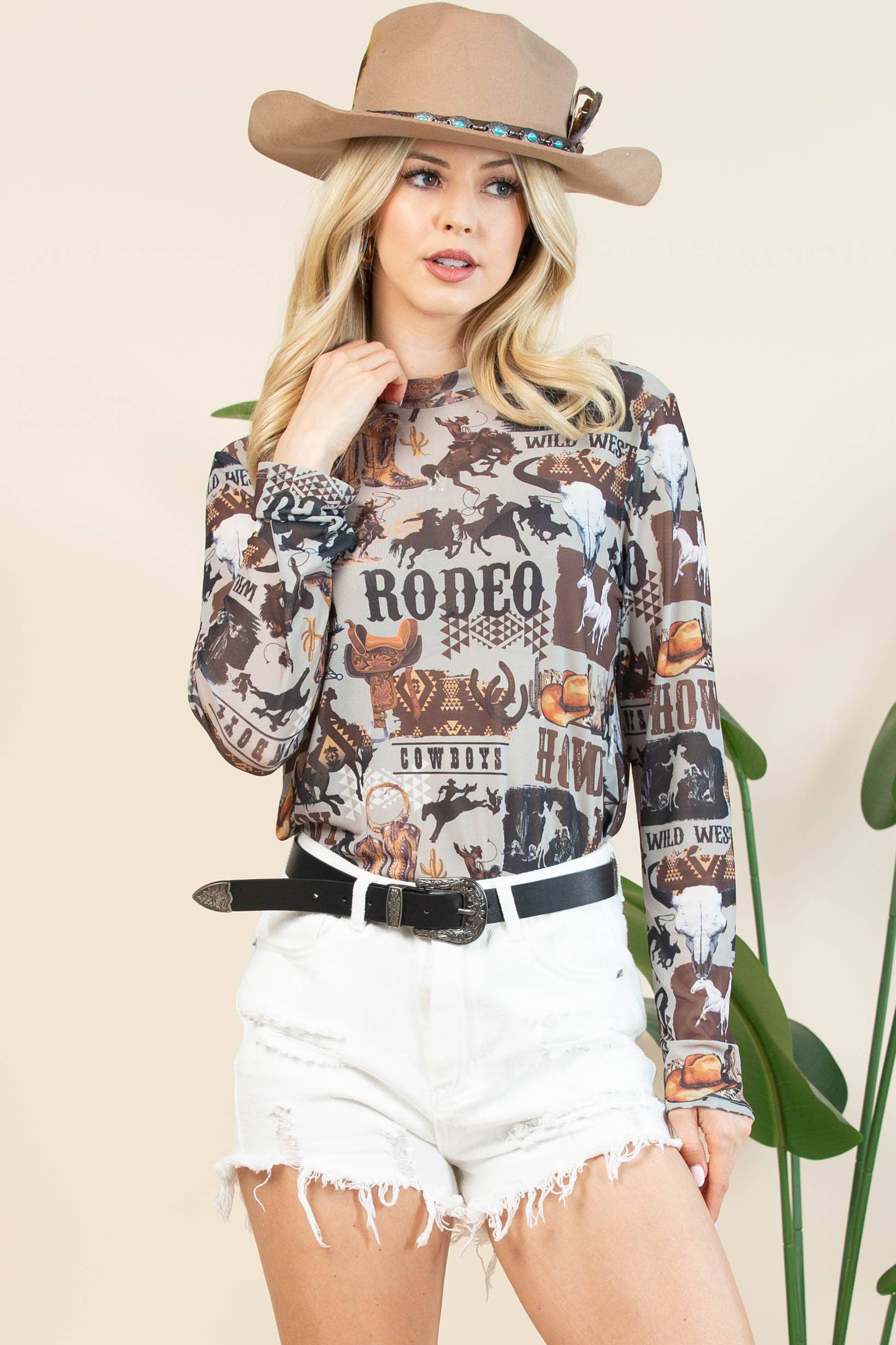 Light Grey Brown AV1230-AUBREY-6169 WESTERN RODEO SEMI SHEER MESH TOP for wholesale on Faire4