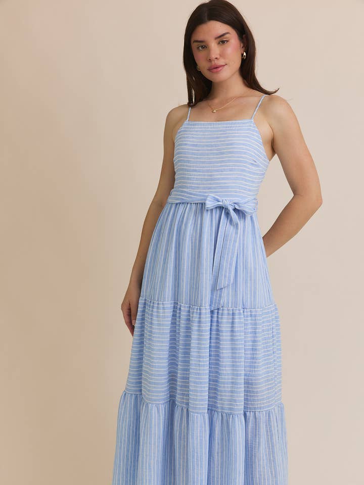 S.P.G STRAP WAIST TIE TIRED STRIPE MAXI DRESS for wholesale on Faire