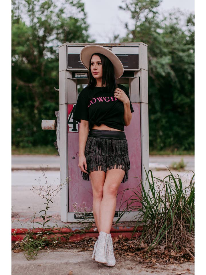Black MK406 Cowgirl 3D Pink Sequin Embroidered Tee for wholesale on Faire