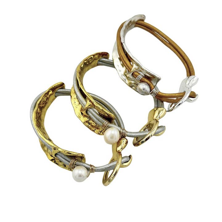 Curved Cuff Bracelet With Leather & Pearl for wholesale by Beauty In Stone Jewelry