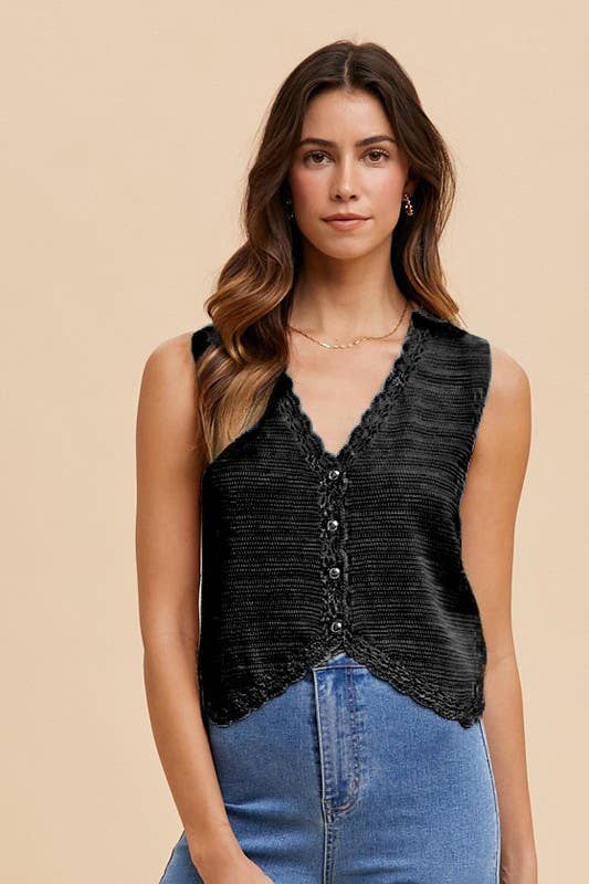 Vanilla Monkey - Vente Haut en maille – femme - Gilet en maille avec boutons et bordure en crochet0