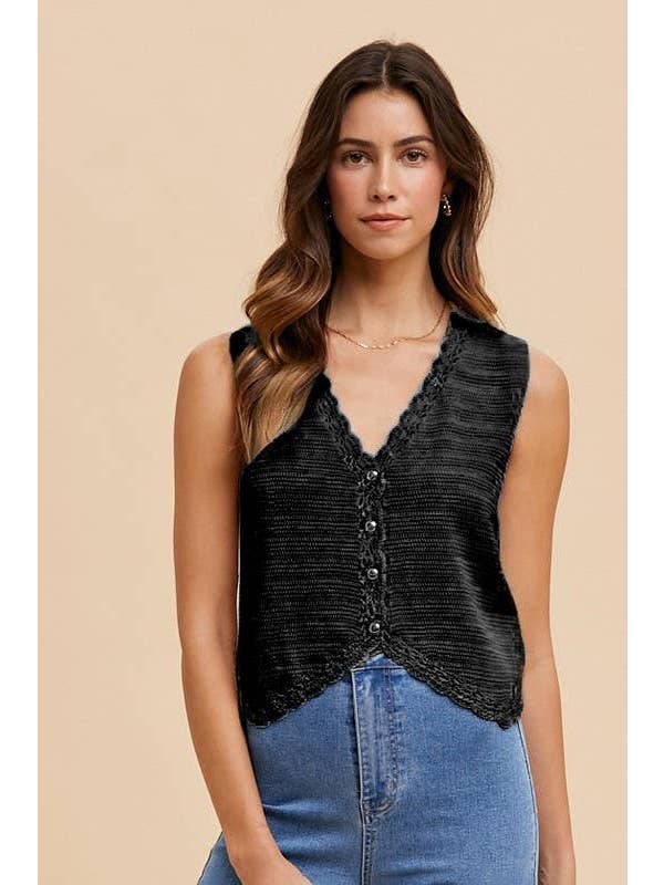 Vanilla Monkey - Vente Haut en maille – femme - Gilet en maille avec boutons et bordure en crochet