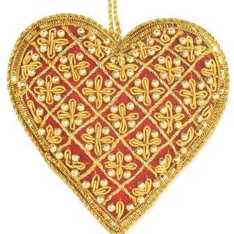 Handgemaakte, geborduurde Zari kerst- en valentijnsornamenten voor wholesale door Silk Road Traders