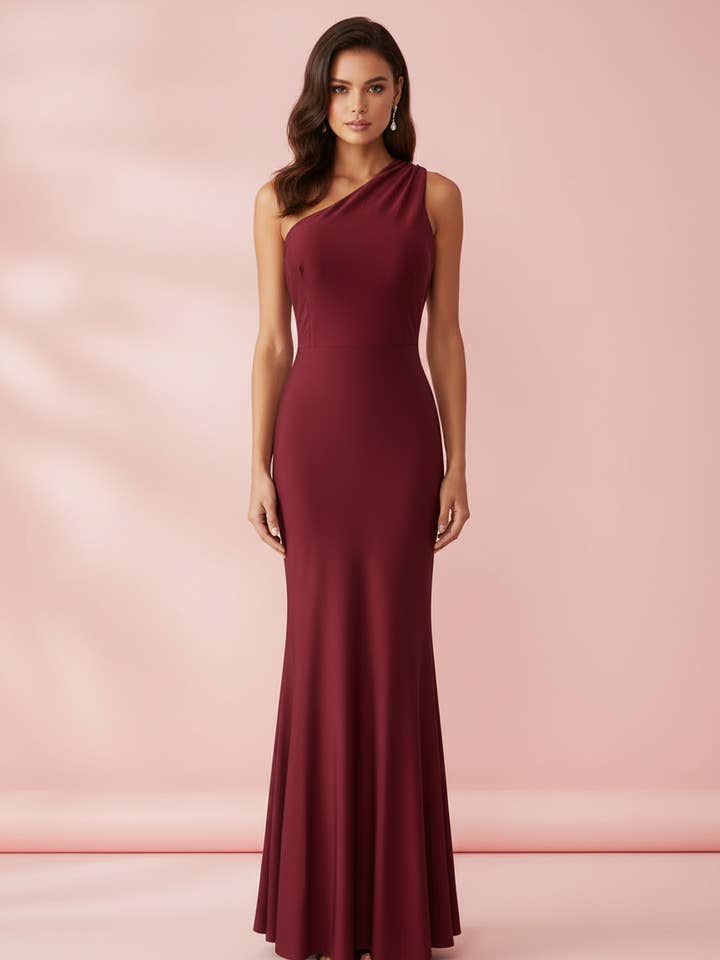 LANGE ELASTISCHE GLANZENDE BORDEAUX JURK 25129 voor wholesale door EMMA WU DESIGN