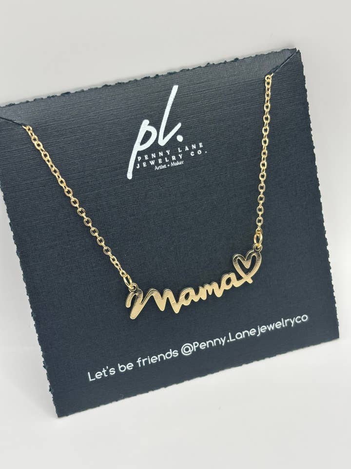 Collier Macey Mamma cœur en cursive ton or maman pour la vente par Penny Lane Jewelry Co