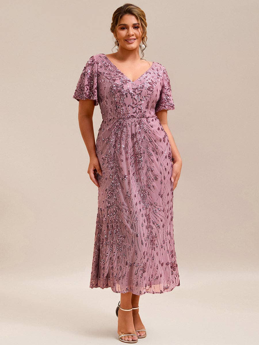 Ever-Pretty - Wholesale Gown - Women's - Plus Size Strapless Deep V-Neck Fishtail Paillette Midi Evening Dresses3