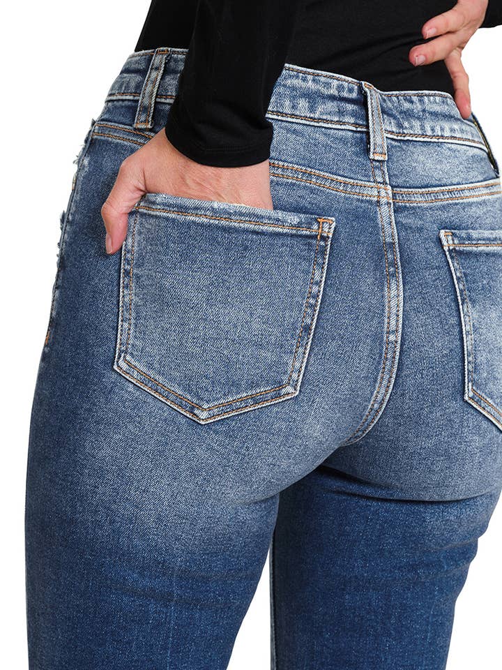 DARK ",,.Distressed Crop Flare DENIM PANTS for wholesale on Faire5