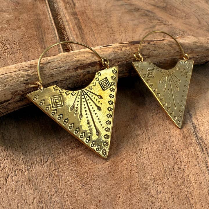 Tribal Triangle Brass Earrings / Aztec / Ethnic / Boho Look / Bohemian for wholesale by Kaali Boutique