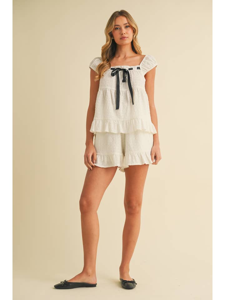 Klesis - Wholesale Lounge Set - Women's - IST5888 CONTRAST RIBBON RUFFLED HEM TOP AND SHORTS SET25