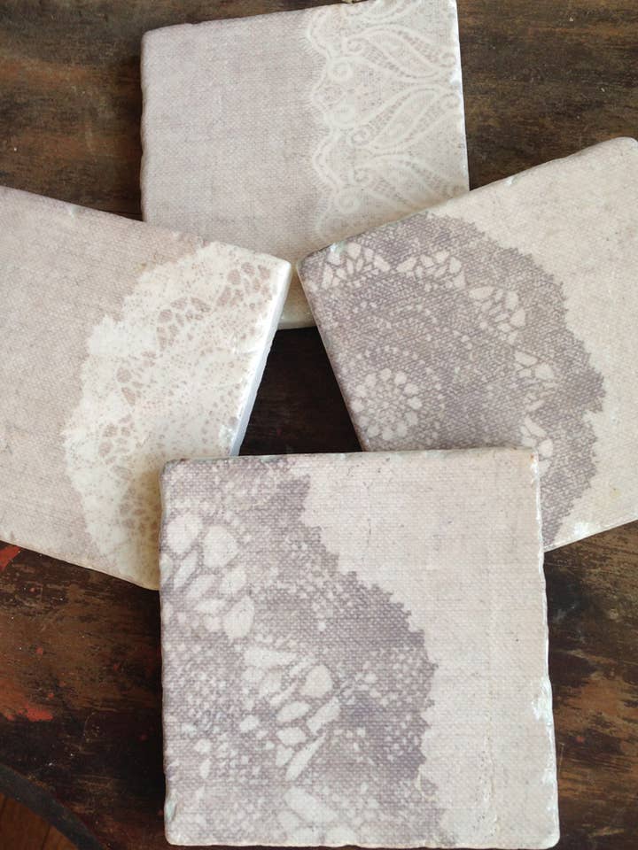 Burlap and Lace stone coasters -case of 4 for wholesale by The Painted Lily