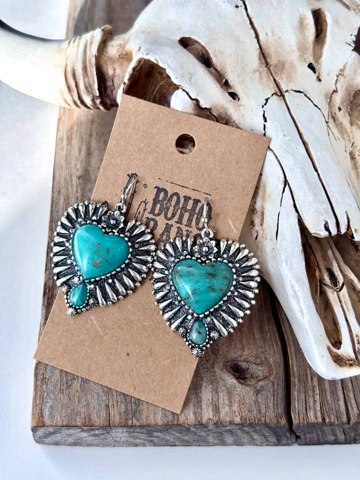 Western Style Chunky Heart Turquoise Stone Dangle Earrings for wholesale by Boho Ranch Shop