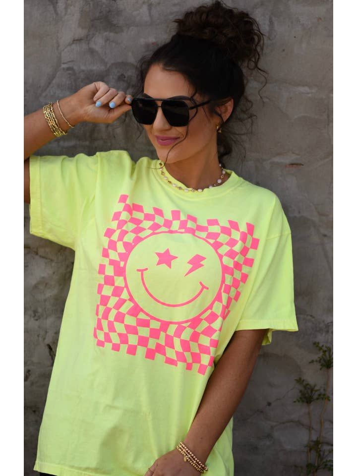 RTS Neon Yellow Checkered Smiley Tee for wholesale on Faire