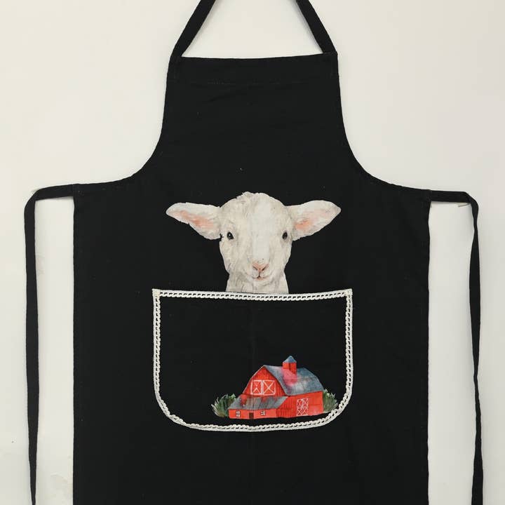 Sheep Print Farmhouse Apron – Cotton Kitchen w/Lace Pocket for wholesale by Indriya Home