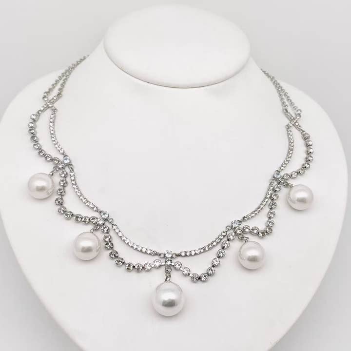 Pearl Pendant Inlaid Rhinestone Double Chain Choker Necklace for wholesale by Mio Queena