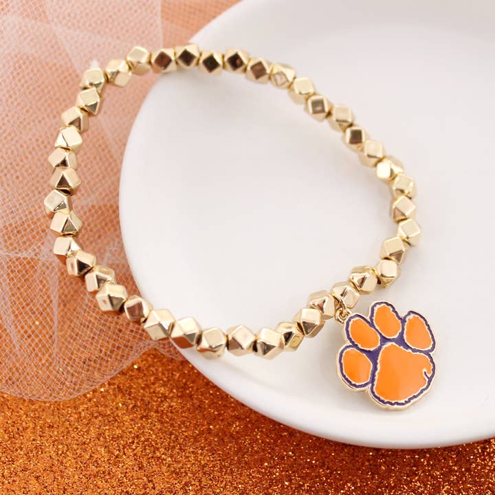 Clemson Gold Stretch-Armband mit Emaille-Logo für den Großhandel von Seasons Jewelry