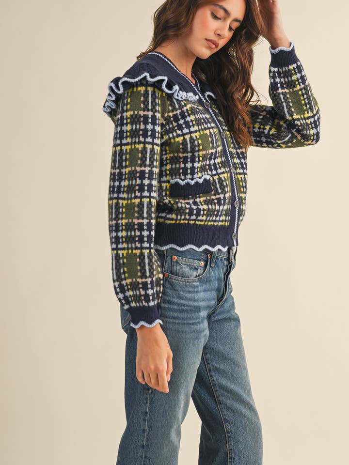 &MERCI - Wholesale Cardigan - Women's - RUFFLED YOKE PLAID SWEATER CARDIGAN MSW1118514