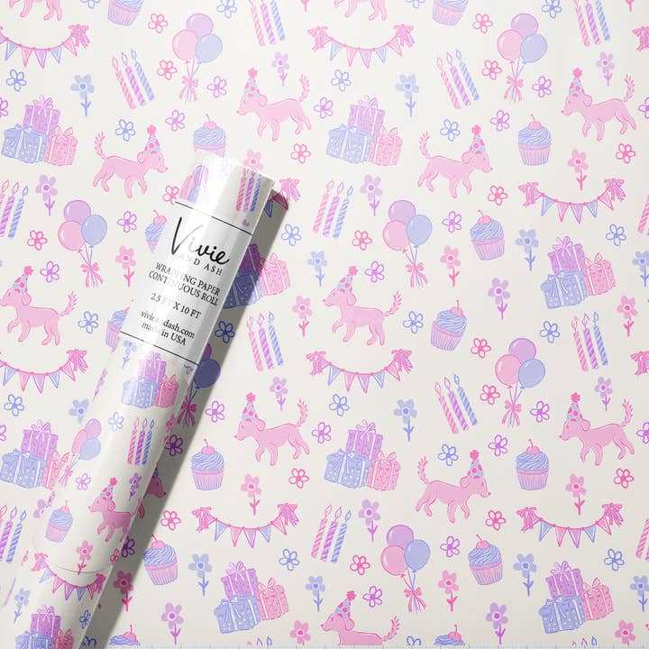 Pink Puppy Birthday Floral Wrapping Paper Roll  for wholesale by Vivie and Ash