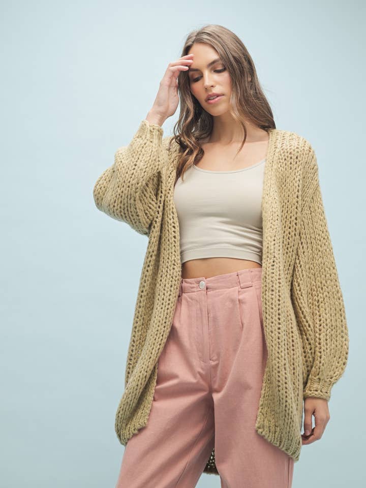 TAUPE OPEN-KNIT CHUNKY SWEATER CARDIGAN / WL25-10382 for wholesale on Faire0