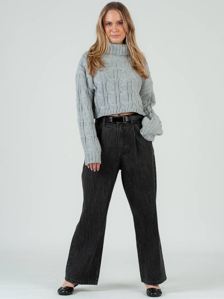 Lucca Couture - Wholesale Knit Sweater - Women's - Cable knit turtleneck sweater in heather grey