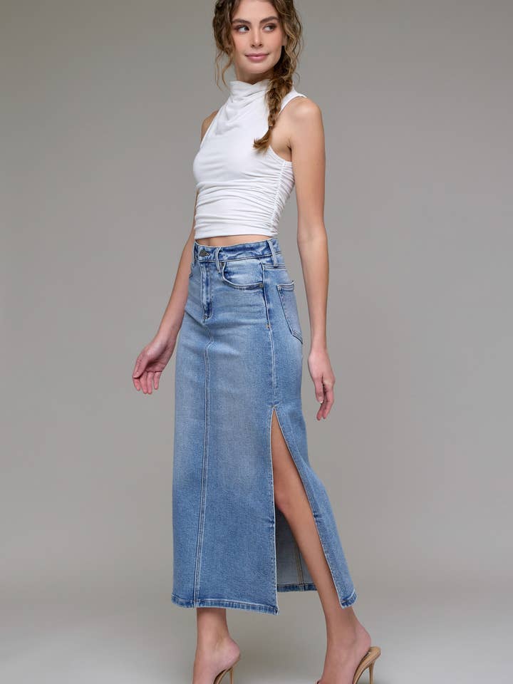 Medium Light Side Slit Stretch Midi Skirt for wholesale by Hidden Jeans