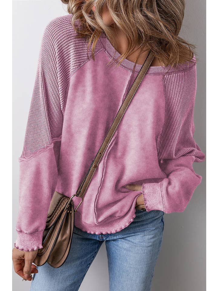 Aapparella - Wholesale Sweatshirt - Women's - Waffle Knit * Patchwork Long Sleeve Sweatshirt | S-2XL4