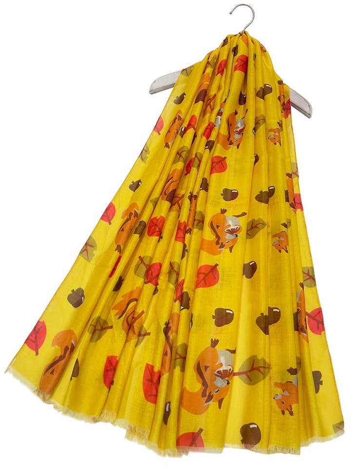 Woodland Squirrel & Acorns Print Frayed Scarf for wholesale by Fashion Scarf World