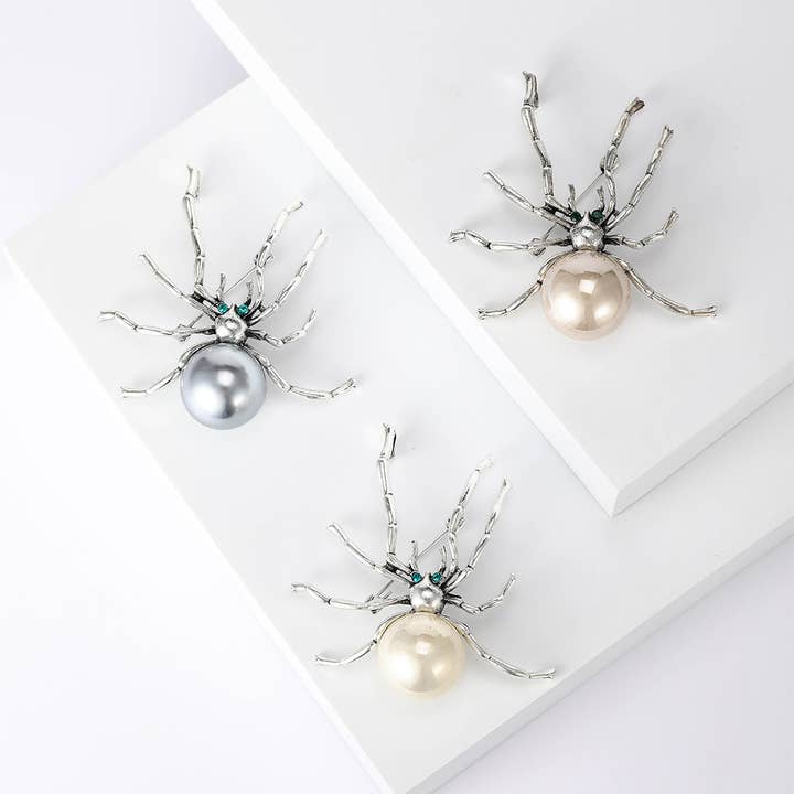 Tourtiwi - Wholesale Brooch - Gothic Silver Spider Brooches with Pearl Bodies6