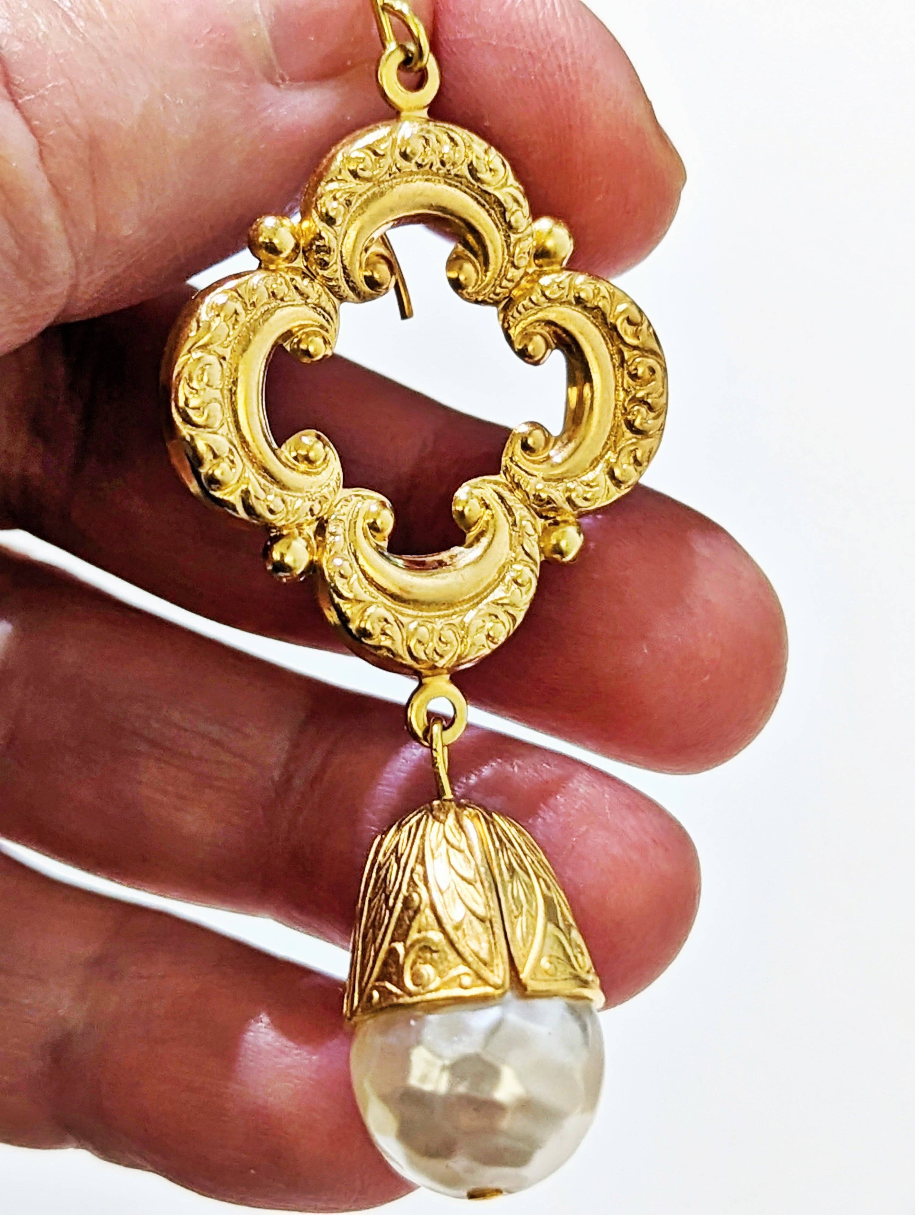 Gay Isber Designs - Wholesale Dangle Earrings - Gold Plated Elegant Vintage Cream Pearl Drop Earrings 3 inch Long USA Made by Sugar Gay Isber unisex-adult Bridal Other colors available11