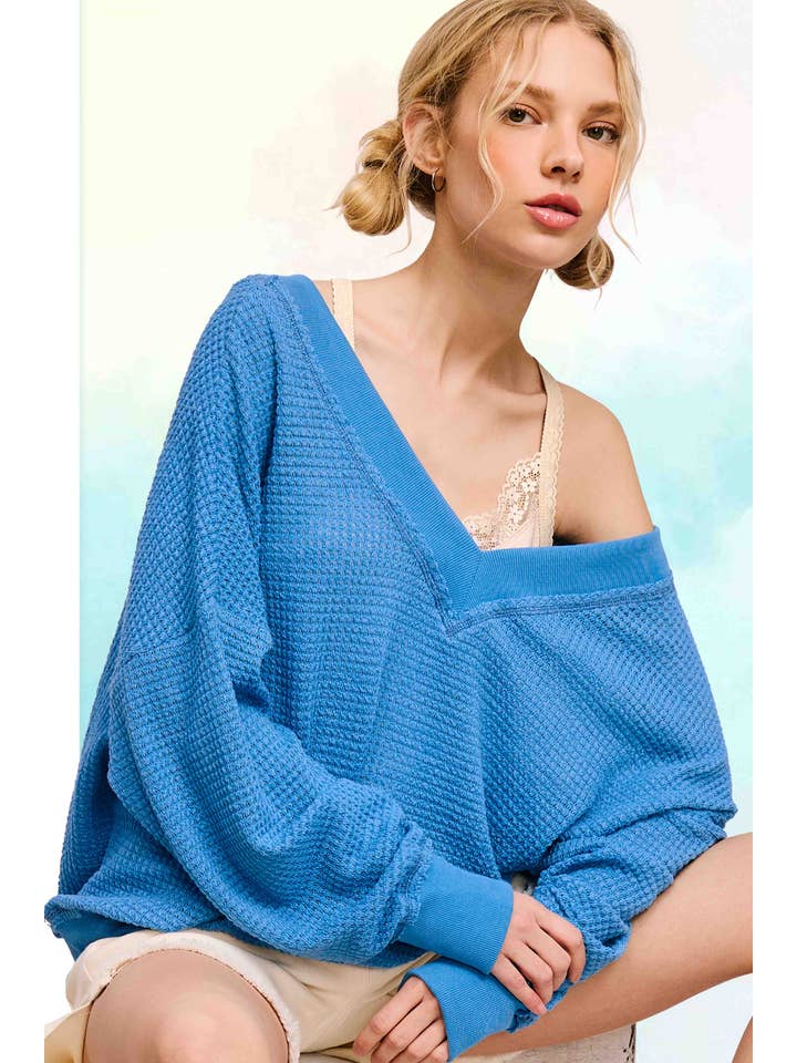 La Miel - Wholesale Knit Top - Women's - JLT7410-Loose Fit V-neck Waffle Textured Long Sleeve Top