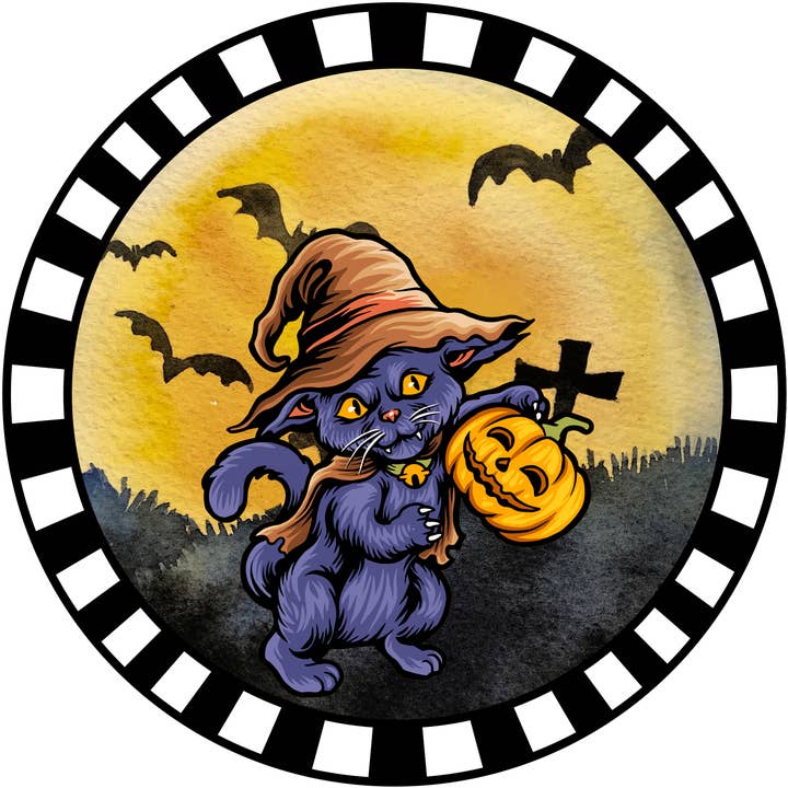 Kransskylt, Halloweenskylt, Kattens skylt, DECOE-1218, Skylt för krans, Rund skylt, DecoExchange för wholesale av DecoExchange