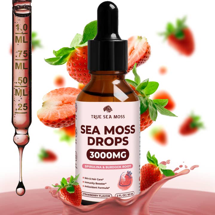 TrueSeaMoss - Wholesale Oral Supplement/Vitamin - Sea Moss Drops Spirulina & Burdock Root - Strawberry Flavor