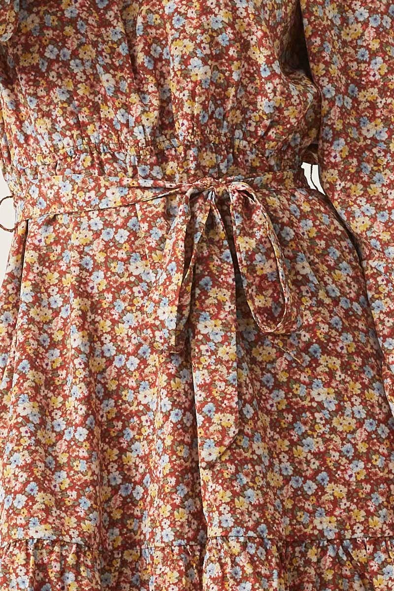 Brown Womens Floral Print Ruffle Neck Puff Sleeve Dress for wholesale on Faire3