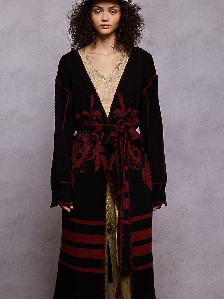 Long sleeve striped pattern floral open cardigan sweater top for wholesale by Pol Clothing