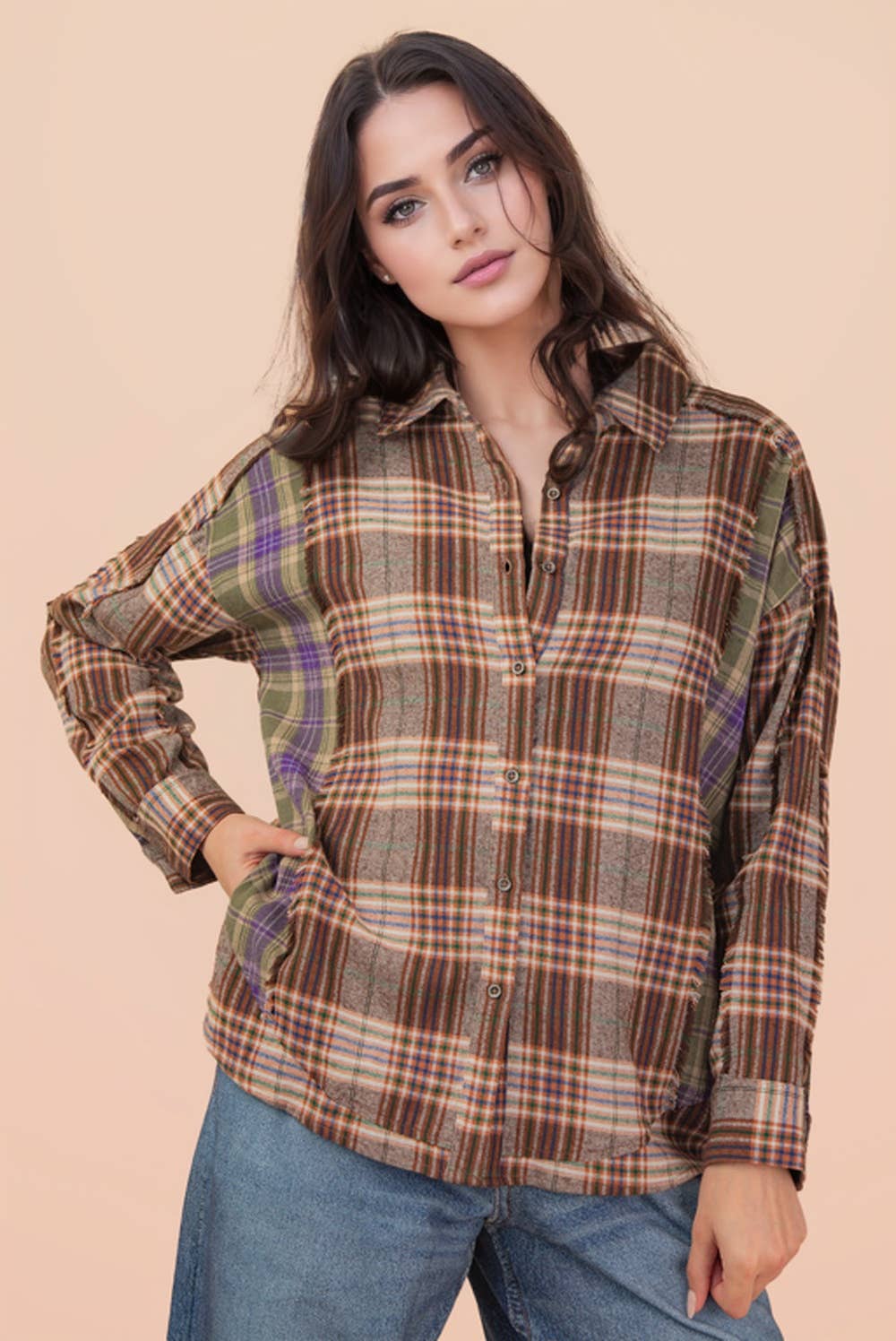 VERY J - Wholesale Button Down Shirt - Women's - NT11681-Contrast Plaid Detail Casual Shirt Top1