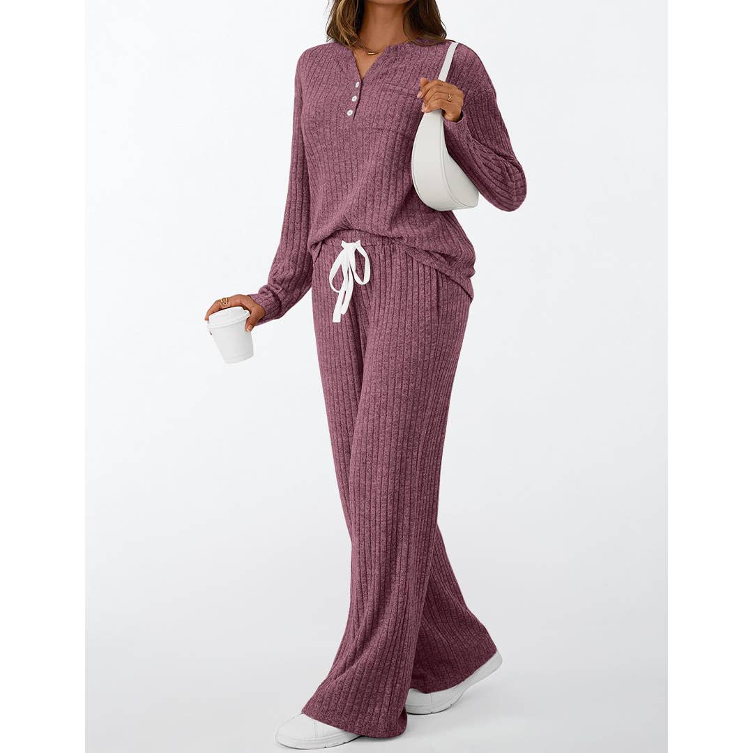 UNISHE - Vente Ensemble de vêtements d'intérieur – femme - Ensemble de pyjama à manches longues côtelées avec boutons et pantalon AXY03918