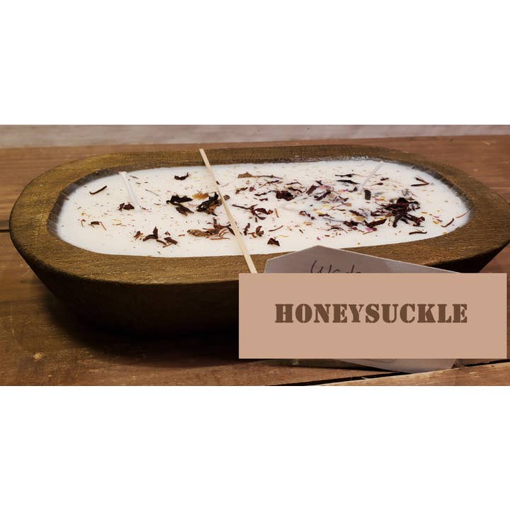 Wooden Dough Bowl Soy Candle, dried flowers, Honey Suckle for wholesale by Abnormal Creations