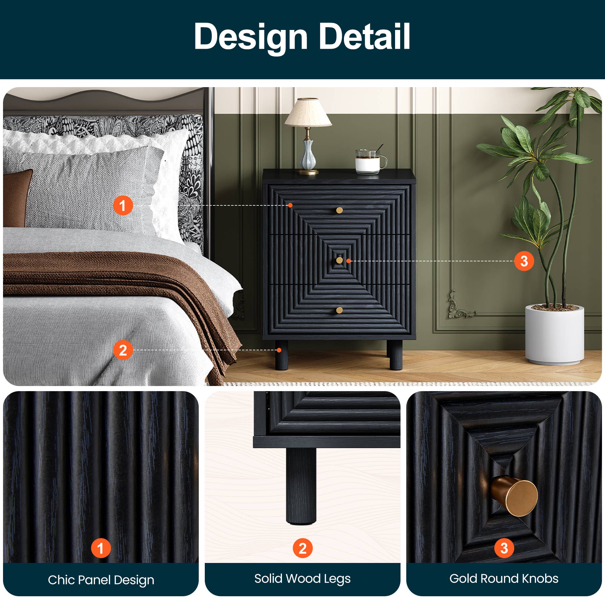 Heynemo - Wholesale Cabinet - Black 3 Drawer Nightstand, Small Dresser Wooden Storage7