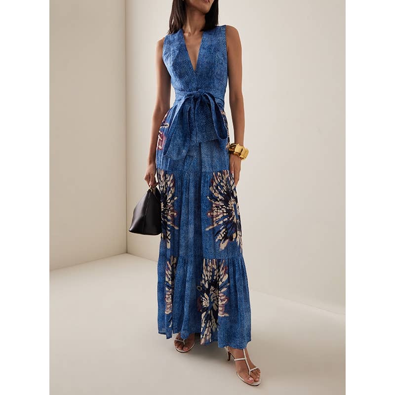 BLUE Stylish Shirley Printed Linen Plung Maxi Dress for wholesale on Faire2