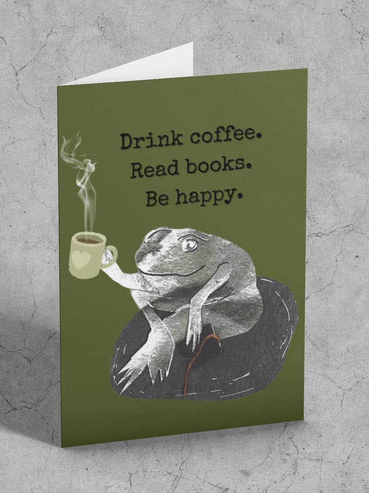 Carte de voeux vierge Grenouille avec café pour la vente par Shannon Marie Makes