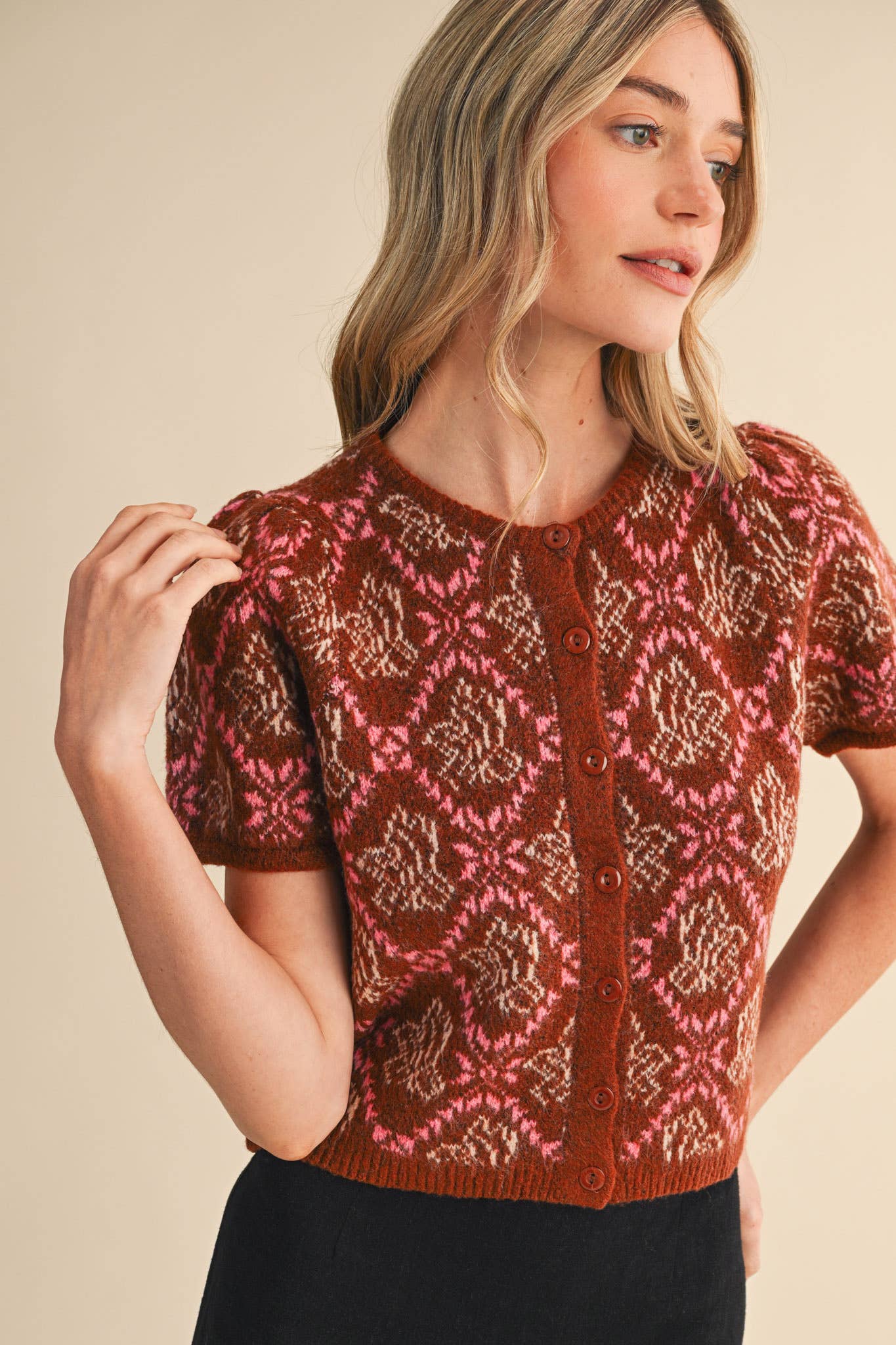 &MERCI - Wholesale Cardigan - Women's - FLORAL SHORT SLEEVE SWEATER CARDIGAN MSW1125853