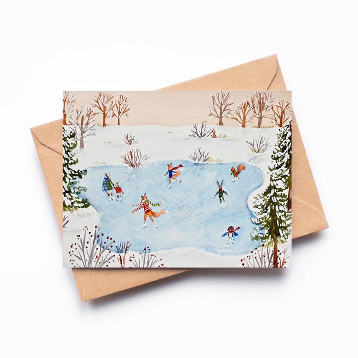 Iceskating Friends Single Blank Greeting Card for wholesale by Randi Lynn Reed Illustration