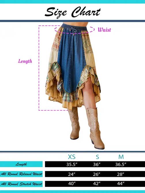 DENIM Western Boho Chic: Patchwork Midi Skirt Boho Babe (XS-S-M) for wholesale on Faire
