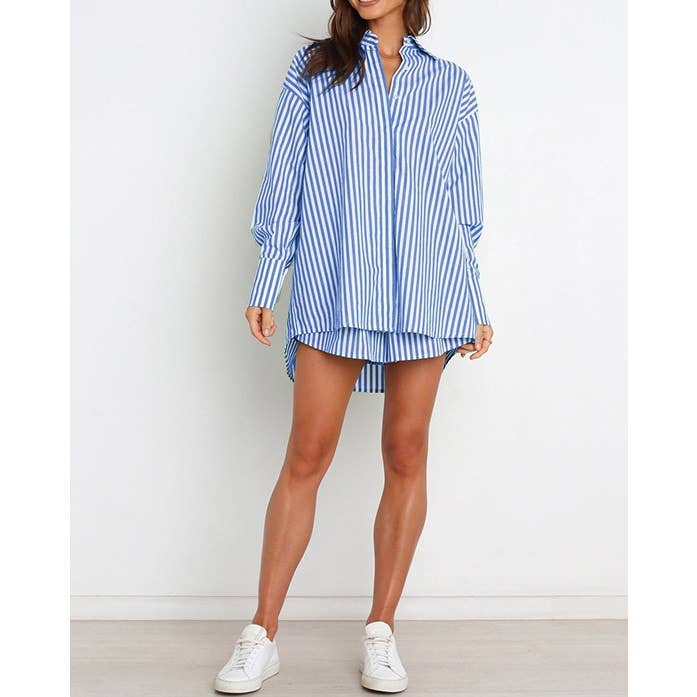 Mapcie - Wholesale Top & Pant Set (NOT Loungewear) - Women's - Striped Oversized Shirt and Drawstring Shorts Set3