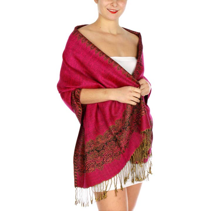 SERENITA – wholesale Scarf – Women's – Pashmina Scarf Paisley Border Reversible Wrap Wedding Shawl
