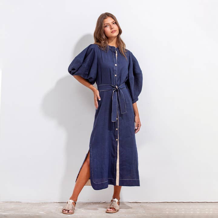 GERALD ROBE EN LIN BLEU ET BEIGE pour la vente par Maria la Paz