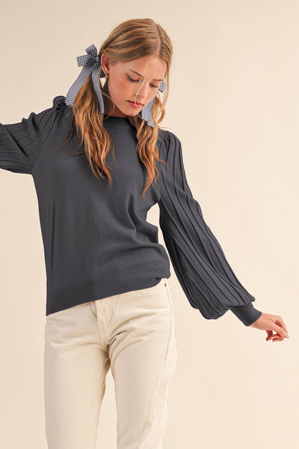 &MERCI - Wholesale Knit Sweater - Women's - STRIPE TEXTURE PUFF SLEEVE SWEATER MSW948524